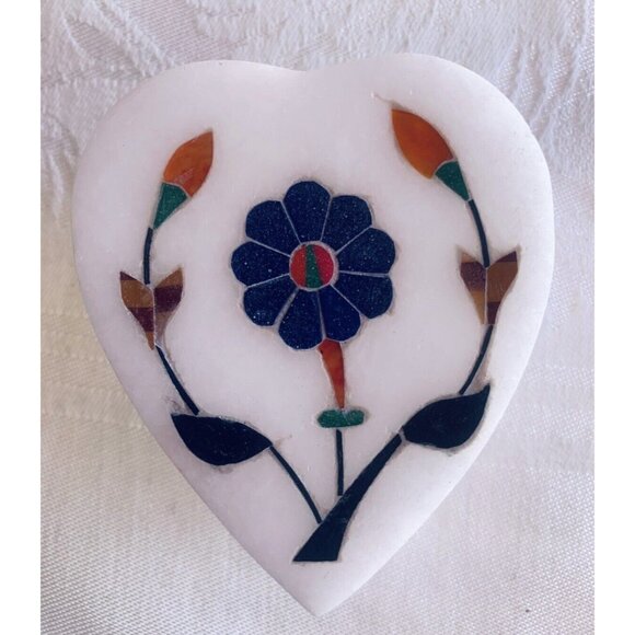 Marble Inlaid Stone Trinket Box India Vintage Heart Shaped Flower Valentines - Picture 1 of 8